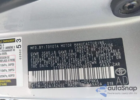 2006 Toyota Corolla Le из США, поврежденный, VIN 2T1BR32E66C709829